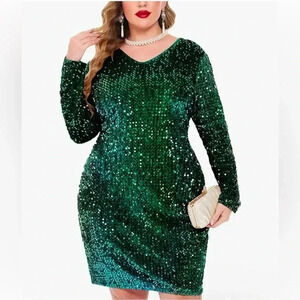 In Voland sequin dress, size 22W, green blue sequin, v-neck, long arms